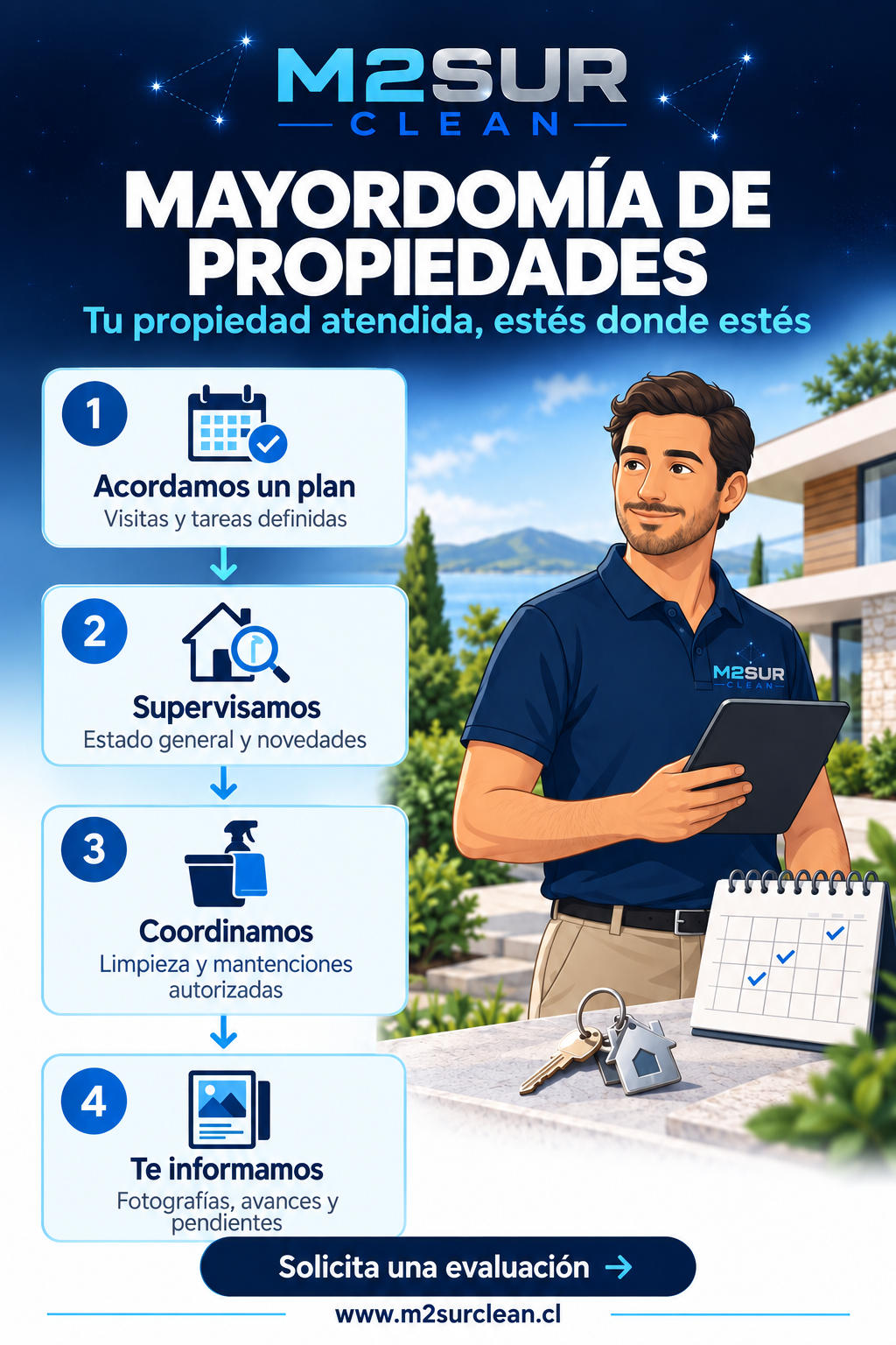 Mayordomía de propiedades: Visitas acordadas, supervisión, coordinación e informes.
