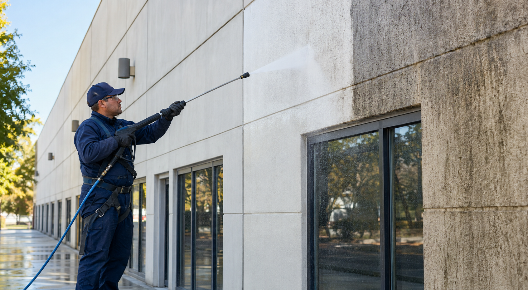 Profesional limpiando la fachada de un edificio
