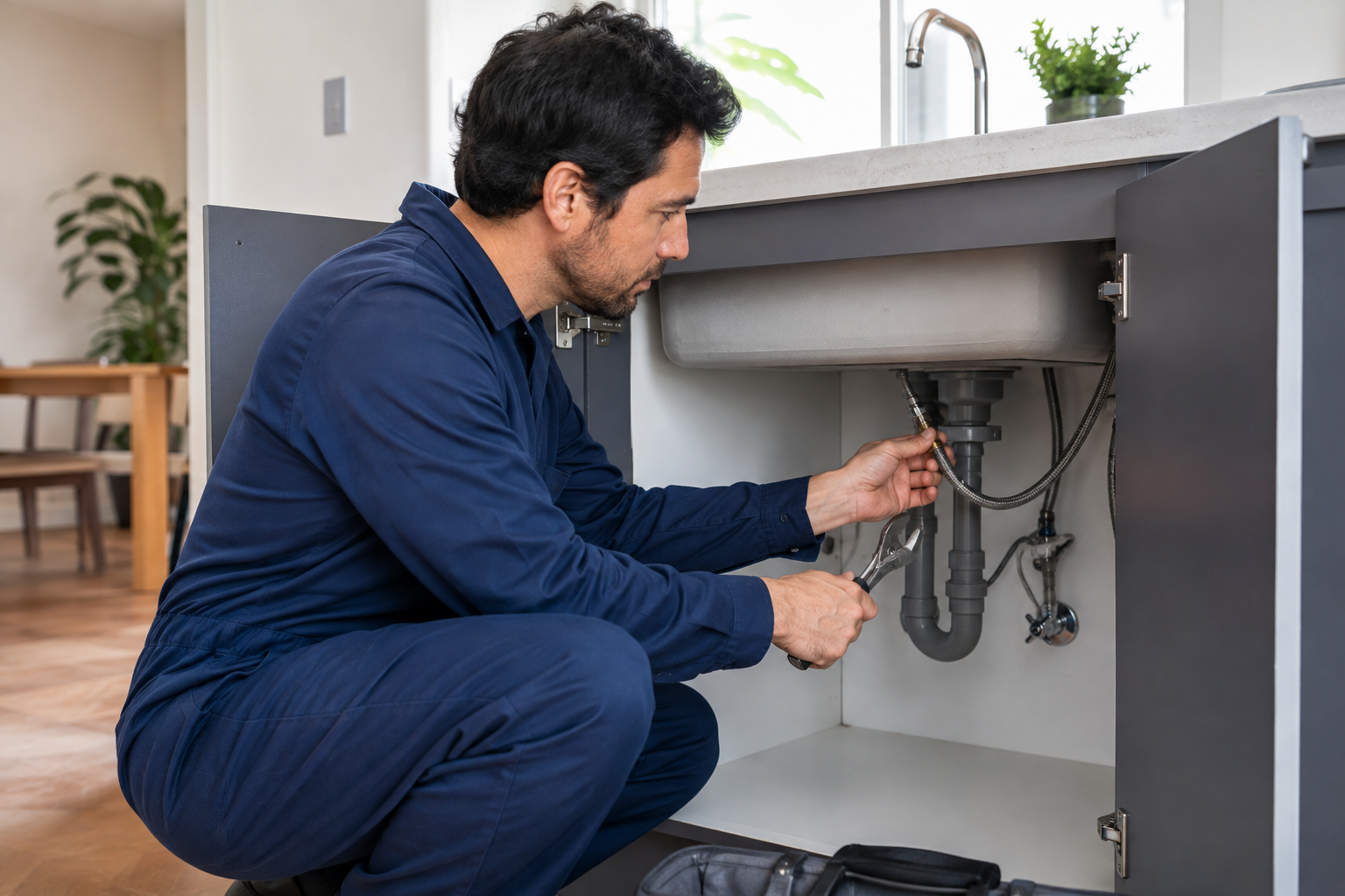 Técnico revisando una conexión de agua bajo un lavaplatos